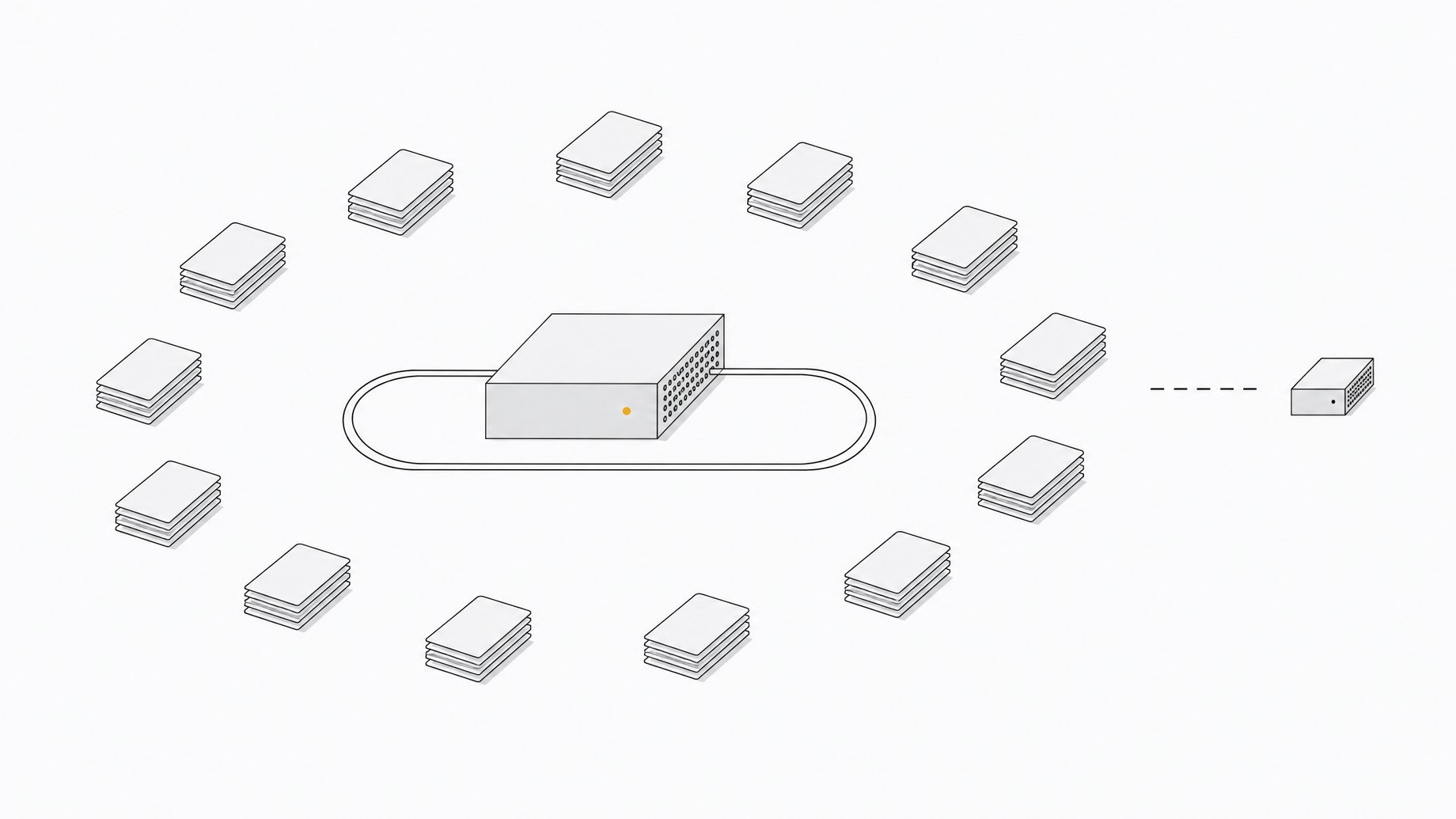 A sealed local server enclosure processing stacks of blank document tiles in a closed internal loop, with no connection extending to an external system.