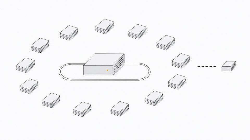 A sealed local server enclosure processing stacks of blank document tiles in a closed internal loop, with no connection extending to an external system.
