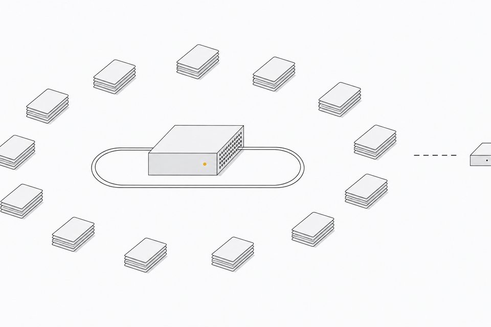 A sealed local server enclosure processing stacks of blank document tiles in a closed internal loop, with no connection extending to an external system.