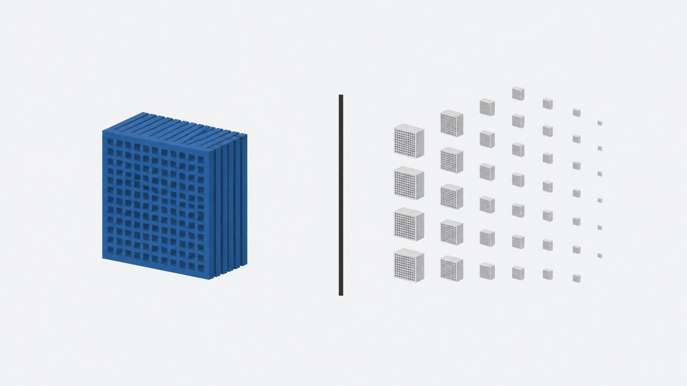 A single dense processing block balanced against a spreading grid of smaller identical modules, illustrating the tradeoff between owning fixed GPU capacity and scaling cloud compute on demand.