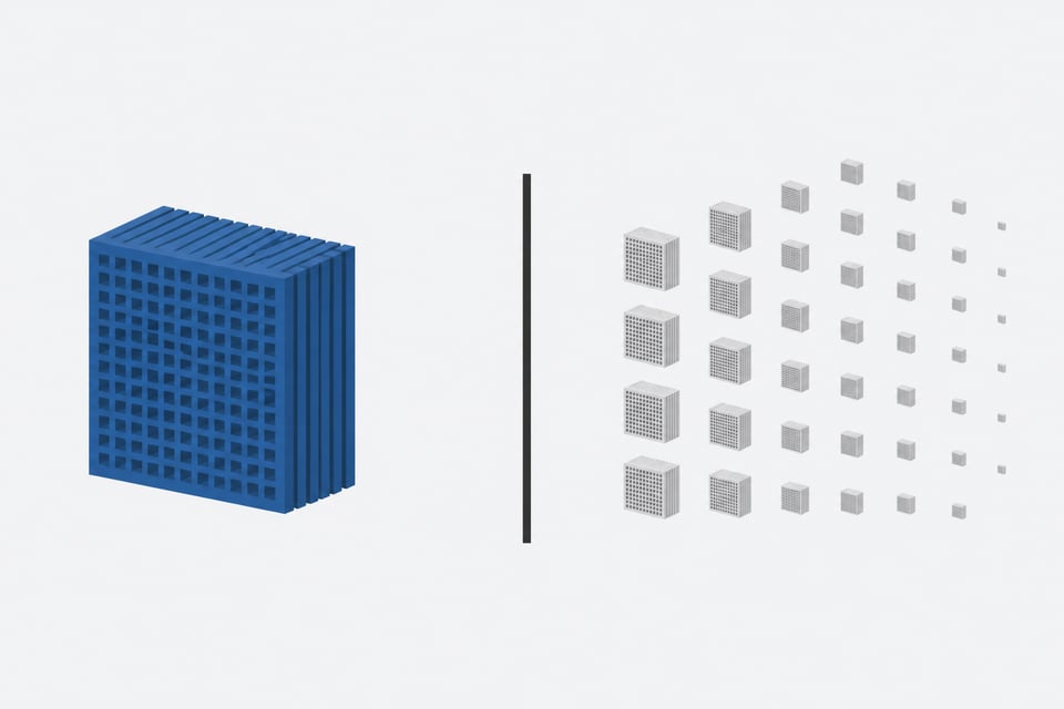 A single dense processing block balanced against a spreading grid of smaller identical modules, illustrating the tradeoff between owning fixed GPU capacity and scaling cloud compute on demand.