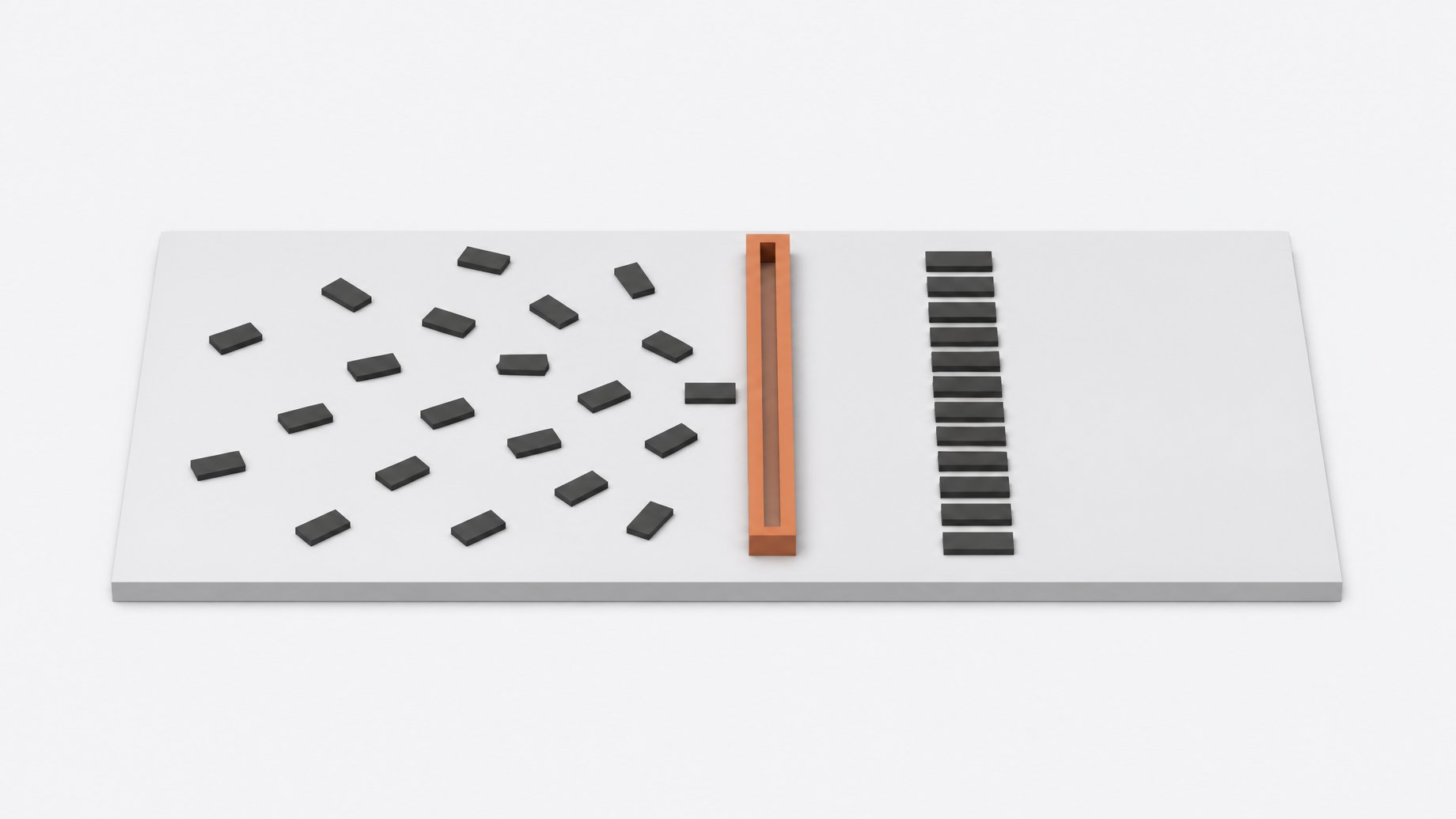 Illustration of scattered data tokens passing through a single narrow gateway channel and emerging as an orderly aligned stack, representing a centralized LLM gateway controlling sensitive data flow.
