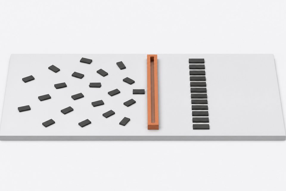 Illustration of scattered data tokens passing through a single narrow gateway channel and emerging as an orderly aligned stack, representing a centralized LLM gateway controlling sensitive data flow.