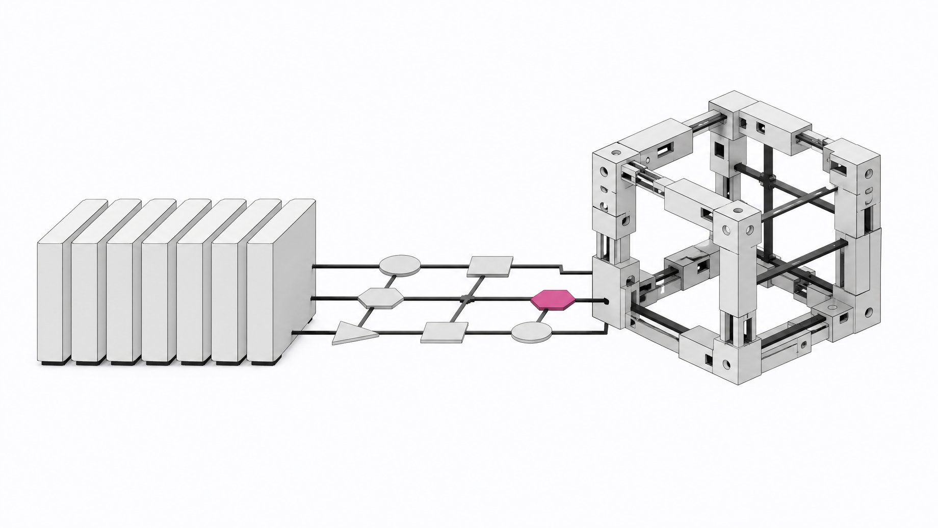 Illustration contrasting sealed black-box SaaS modules with an open, modular internal tool connected through a chain of compliance checkpoints.