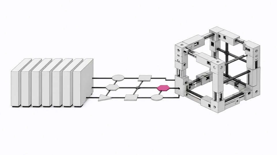 Illustration contrasting sealed black-box SaaS modules with an open, modular internal tool connected through a chain of compliance checkpoints.