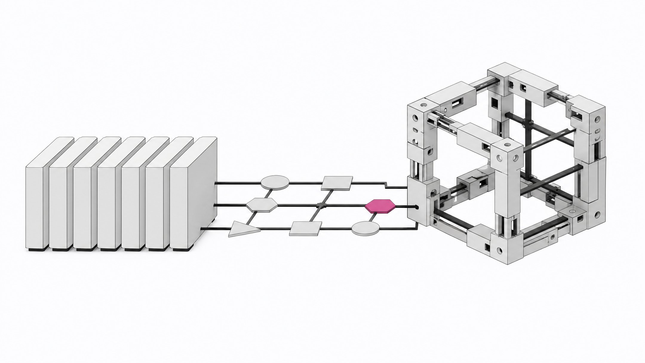 Illustration contrasting sealed black-box SaaS modules with an open, modular internal tool connected through a chain of compliance checkpoints.