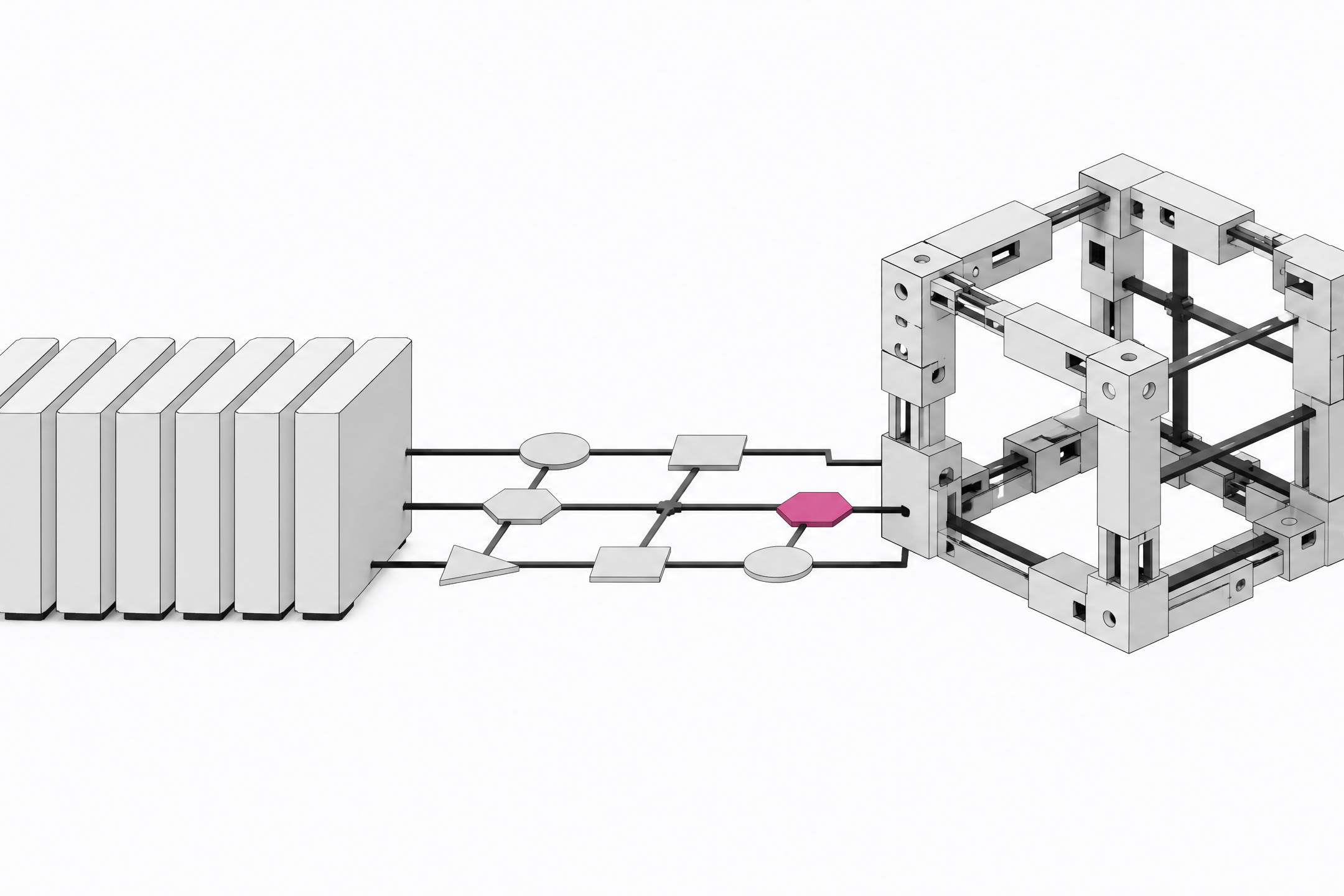 Illustration contrasting sealed black-box SaaS modules with an open, modular internal tool connected through a chain of compliance checkpoints.