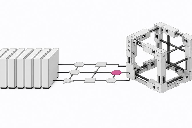 Illustration contrasting sealed black-box SaaS modules with an open, modular internal tool connected through a chain of compliance checkpoints.