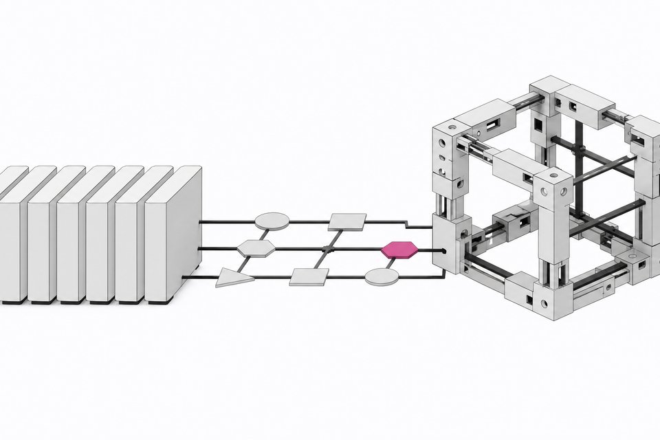 Illustration contrasting sealed black-box SaaS modules with an open, modular internal tool connected through a chain of compliance checkpoints.