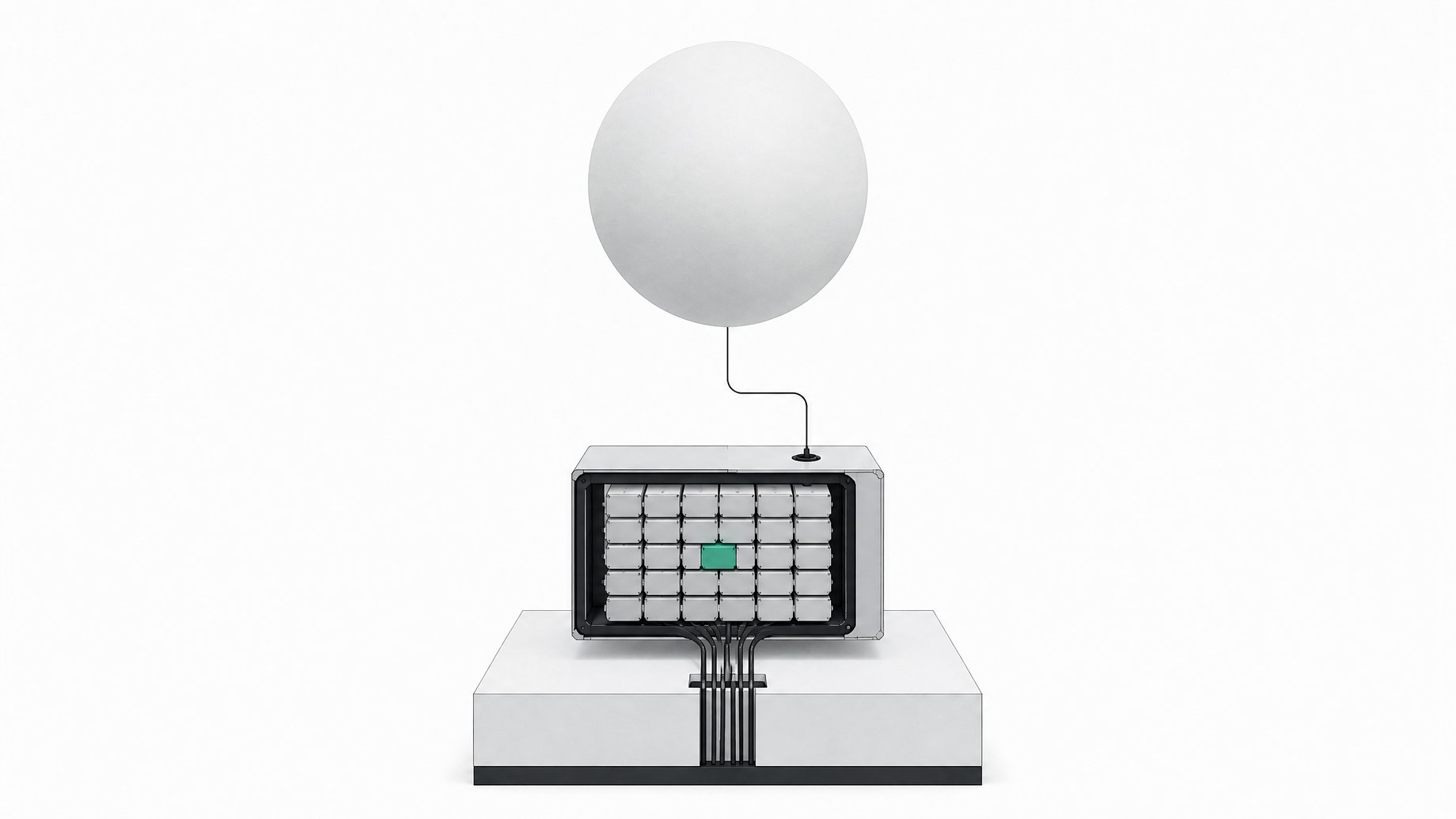 A small open module with a visible grid of uniform internal processing blocks sits in the foreground, contrasted with a large sealed opaque sphere floating distantly in the background, illustrating local AI inference versus a remote cloud system.