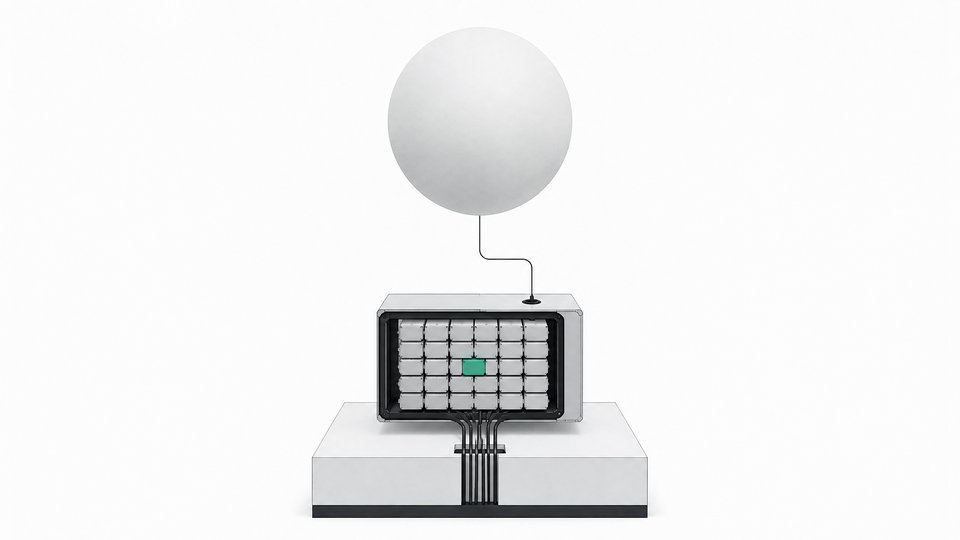 A small open module with a visible grid of uniform internal processing blocks sits in the foreground, contrasted with a large sealed opaque sphere floating distantly in the background, illustrating local AI inference versus a remote cloud system.