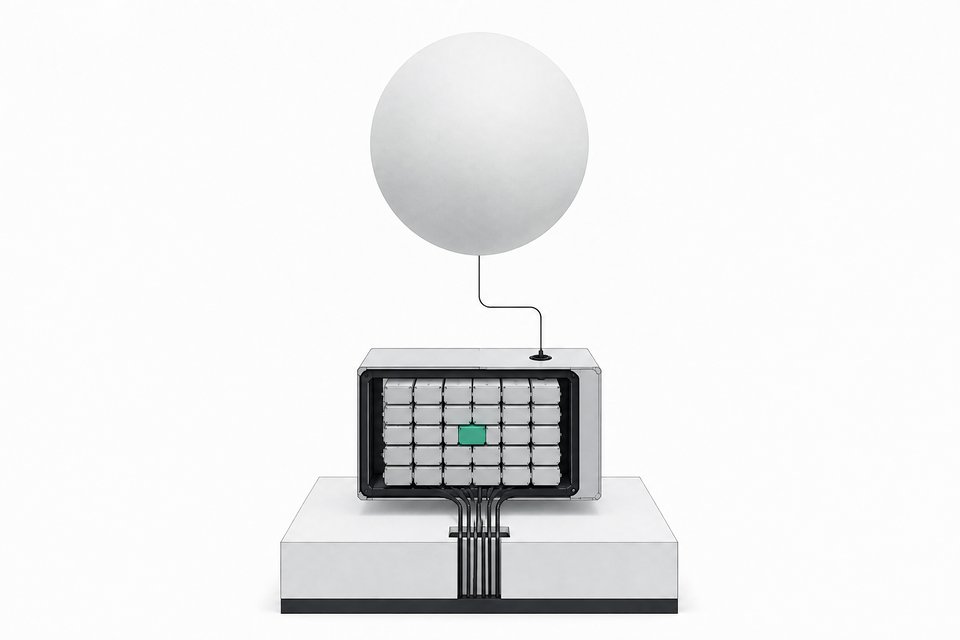 A small open module with a visible grid of uniform internal processing blocks sits in the foreground, contrasted with a large sealed opaque sphere floating distantly in the background, illustrating local AI inference versus a remote cloud system.