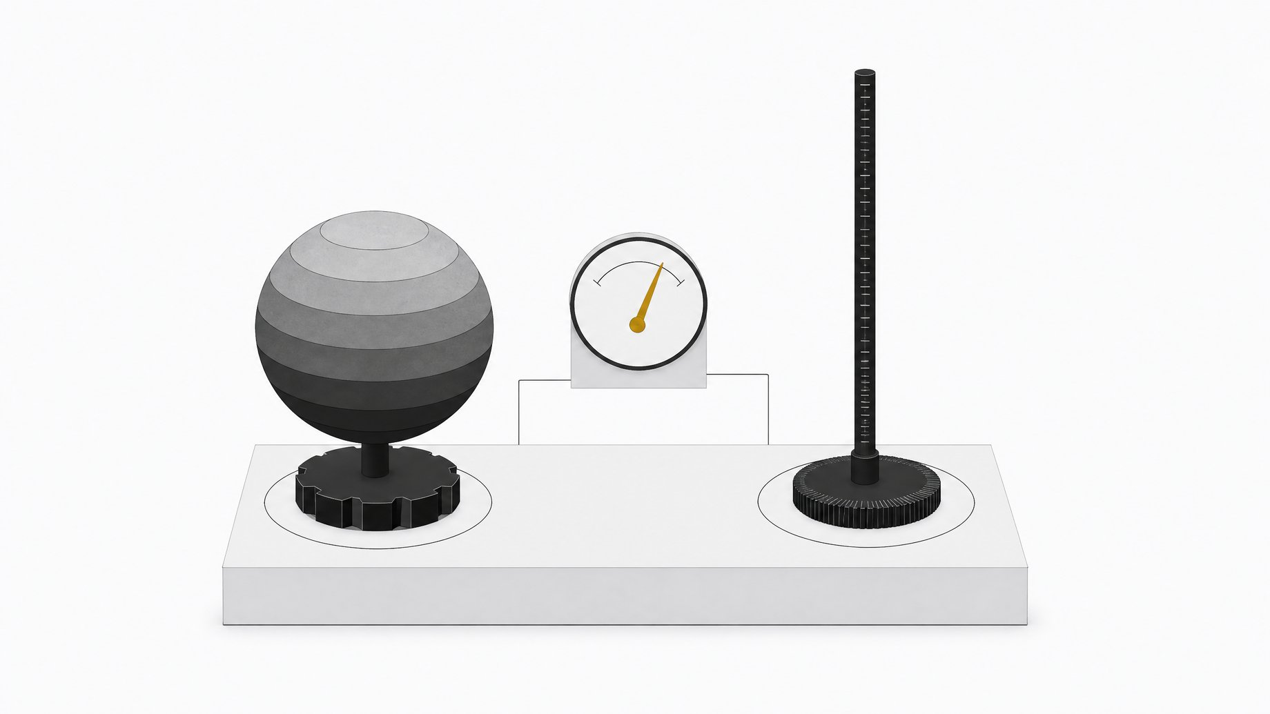Illustration of two independent control dials — one attached to a large layered sphere representing model size, the other to a notched rod representing compute effort — both feeding a single shared meter.