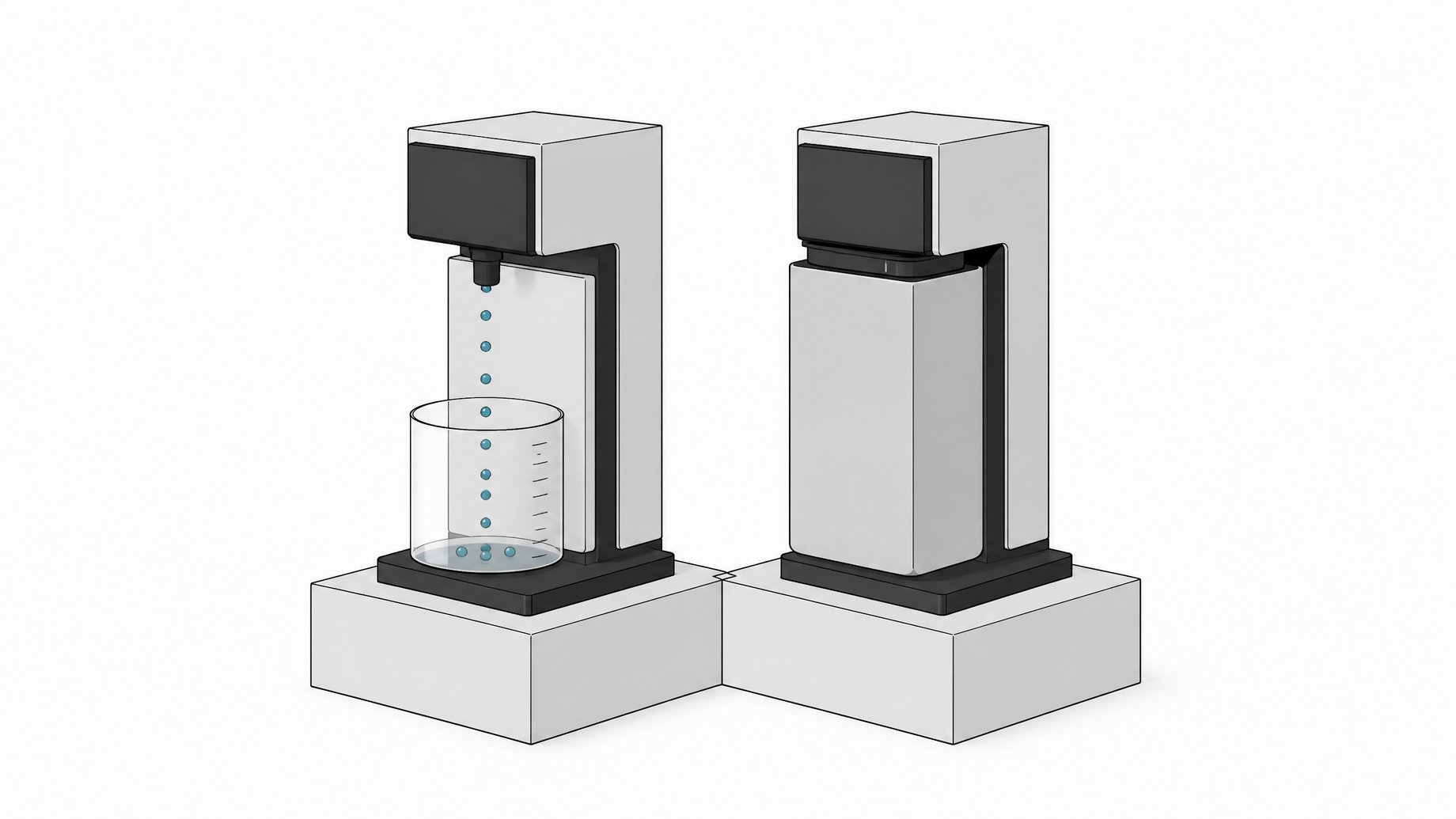 A metering dispenser releasing small measured droplets sits beside a sealed fixed-size cartridge, contrasting incremental usage-based consumption with a flat, undivided allotment.