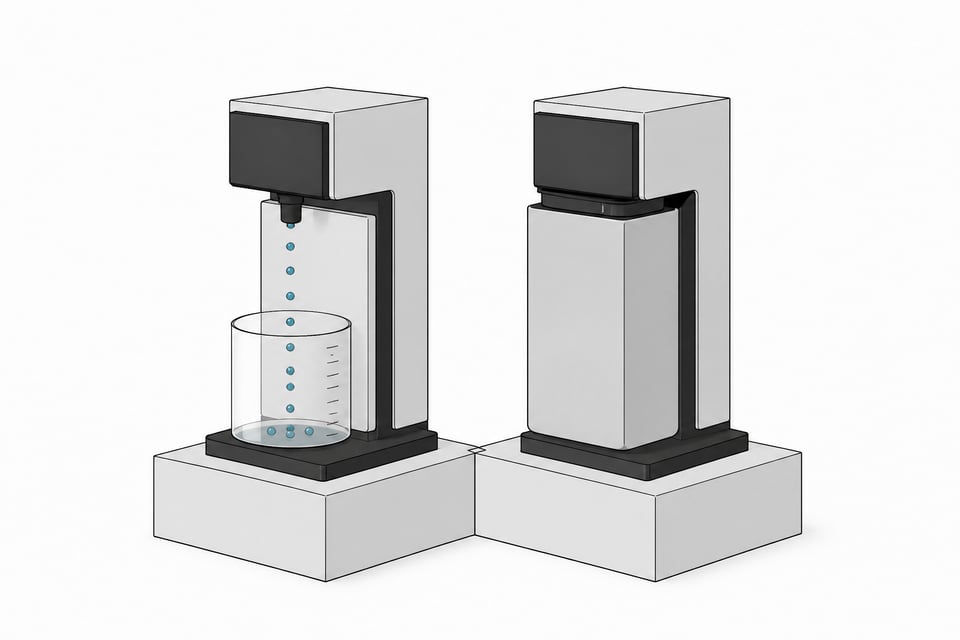 A metering dispenser releasing small measured droplets sits beside a sealed fixed-size cartridge, contrasting incremental usage-based consumption with a flat, undivided allotment.