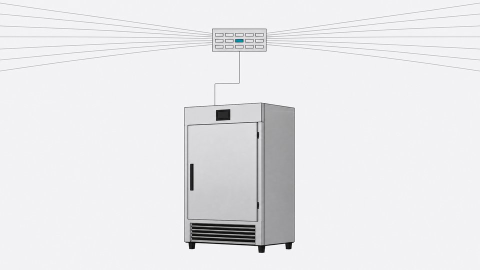 A commercial refrigerator connected by a thin line to a distant small control hub shared by many other identical units, representing centralized remote-management infrastructure.