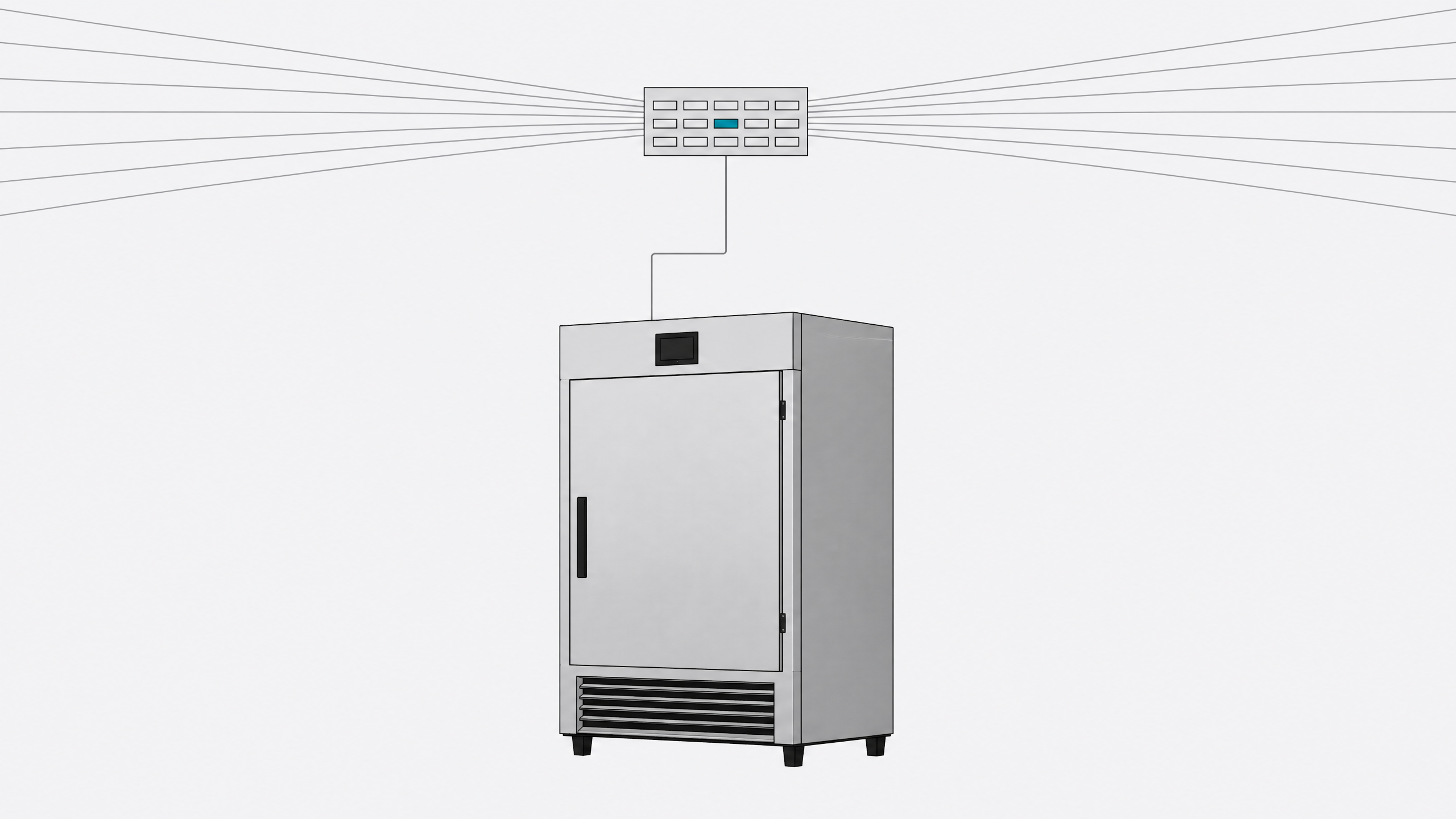 A commercial refrigerator connected by a thin line to a distant small control hub shared by many other identical units, representing centralized remote-management infrastructure.