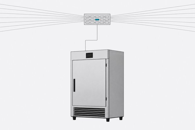A commercial refrigerator connected by a thin line to a distant small control hub shared by many other identical units, representing centralized remote-management infrastructure.