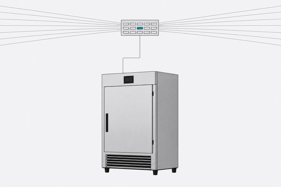 A commercial refrigerator connected by a thin line to a distant small control hub shared by many other identical units, representing centralized remote-management infrastructure.