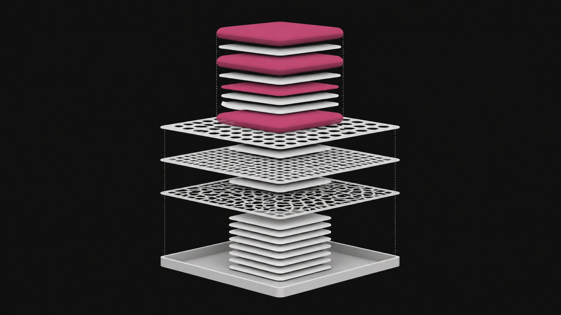 A layered diagram showing search results passing through three stacked filtering screens, with bulky AI-generated results in accent color being blocked before reaching a clean, uniform stack of results below.