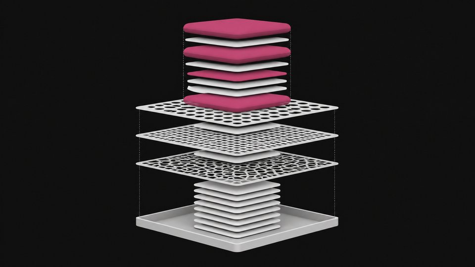 A layered diagram showing search results passing through three stacked filtering screens, with bulky AI-generated results in accent color being blocked before reaching a clean, uniform stack of results below.