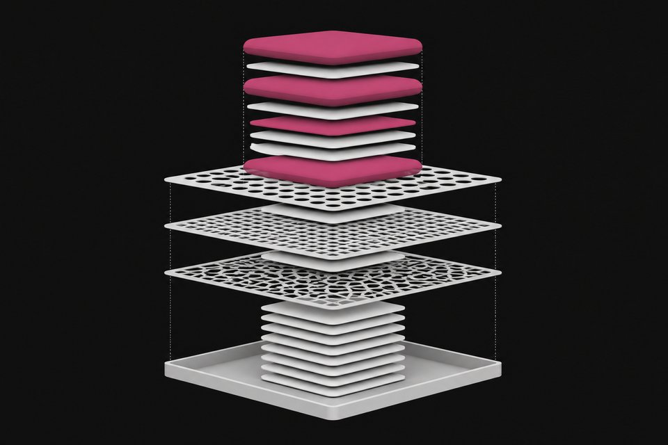 A layered diagram showing search results passing through three stacked filtering screens, with bulky AI-generated results in accent color being blocked before reaching a clean, uniform stack of results below.