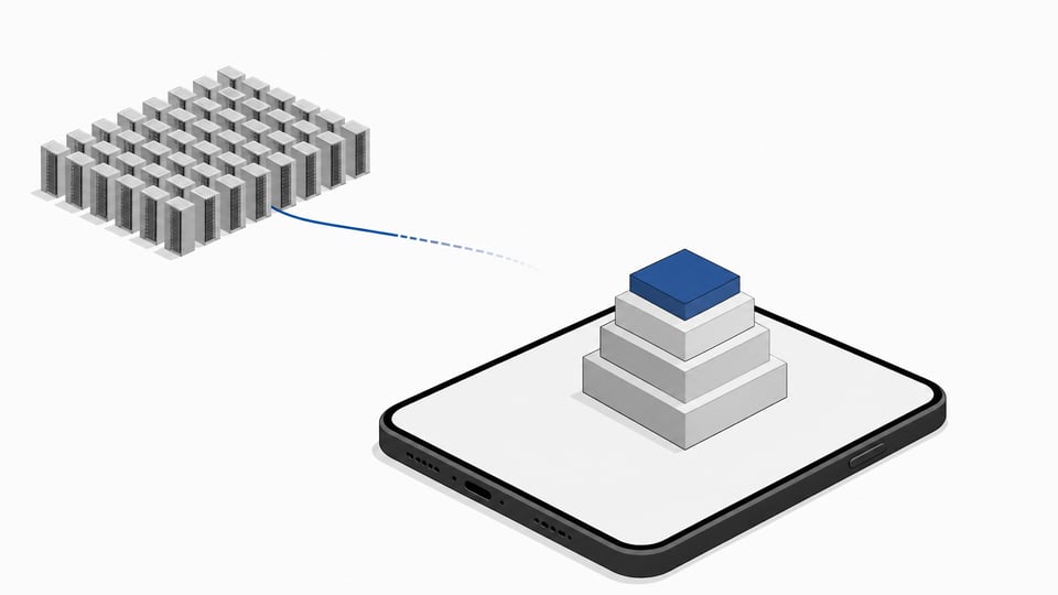 A smartphone supporting a compact stacked block of model weights in the foreground, with a distant grid of many uniform server racks faintly connected by a fading line, illustrating AI inference moved from remote servers onto a single local device.