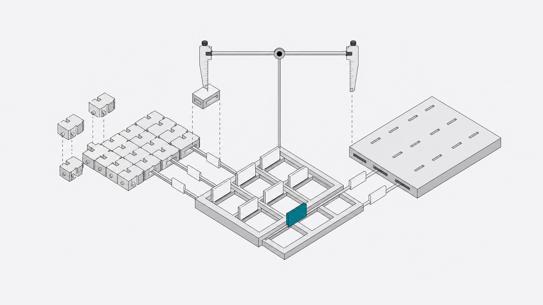 Illustration of a modular, block-built system and a single prefabricated slab both feeding into a shared grid of task card-slots, representing the choice between assembling a custom task manager or adopting a ready-made SaaS platform.