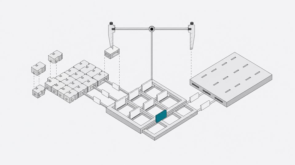 Illustration of a modular, block-built system and a single prefabricated slab both feeding into a shared grid of task card-slots, representing the choice between assembling a custom task manager or adopting a ready-made SaaS platform.