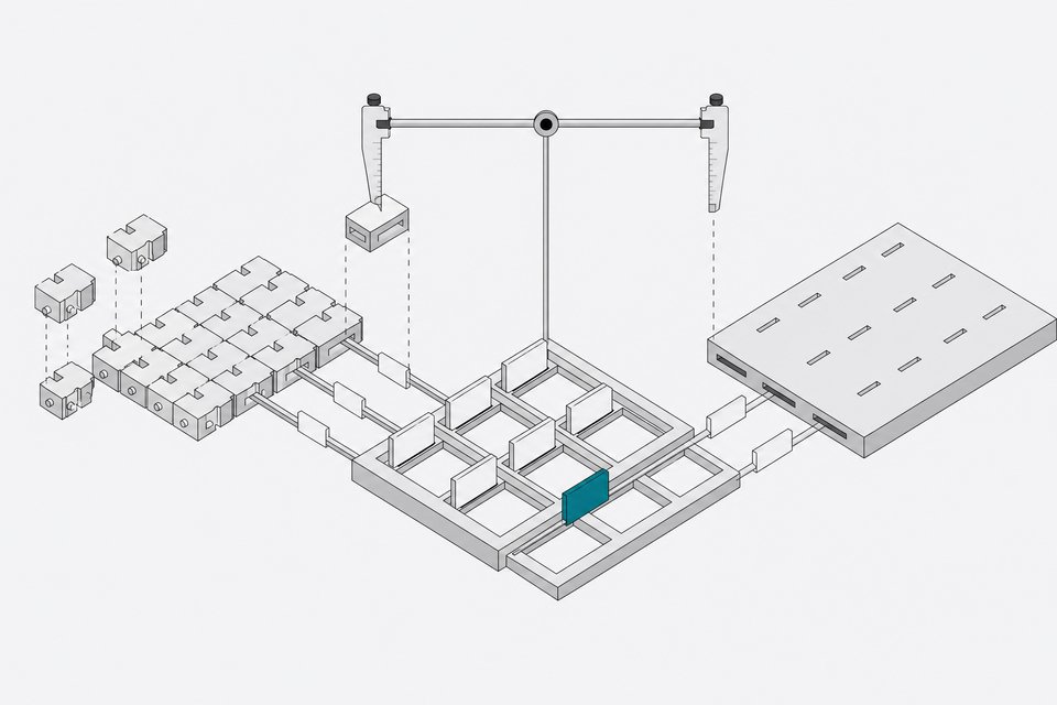 Illustration of a modular, block-built system and a single prefabricated slab both feeding into a shared grid of task card-slots, representing the choice between assembling a custom task manager or adopting a ready-made SaaS platform.