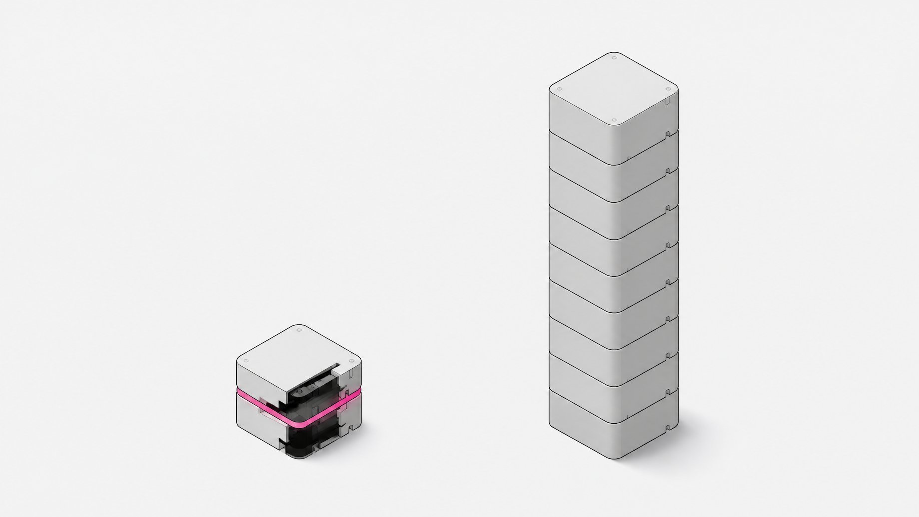 A small custom-built module stands next to a much taller stack of identical uniform blocks, illustrating a compact built tool versus a proliferating repeated system.
