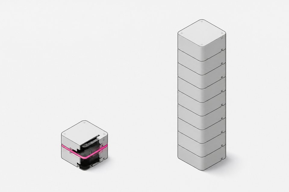 A small custom-built module stands next to a much taller stack of identical uniform blocks, illustrating a compact built tool versus a proliferating repeated system.