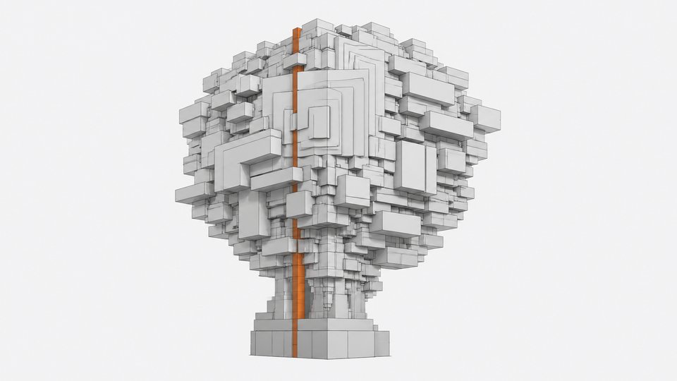 An oversized, redundant stack of duplicated modular blocks representing bloated AI-generated code, with one clean structural line running through the clutter.