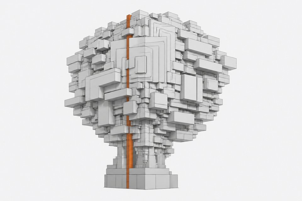 An oversized, redundant stack of duplicated modular blocks representing bloated AI-generated code, with one clean structural line running through the clutter.