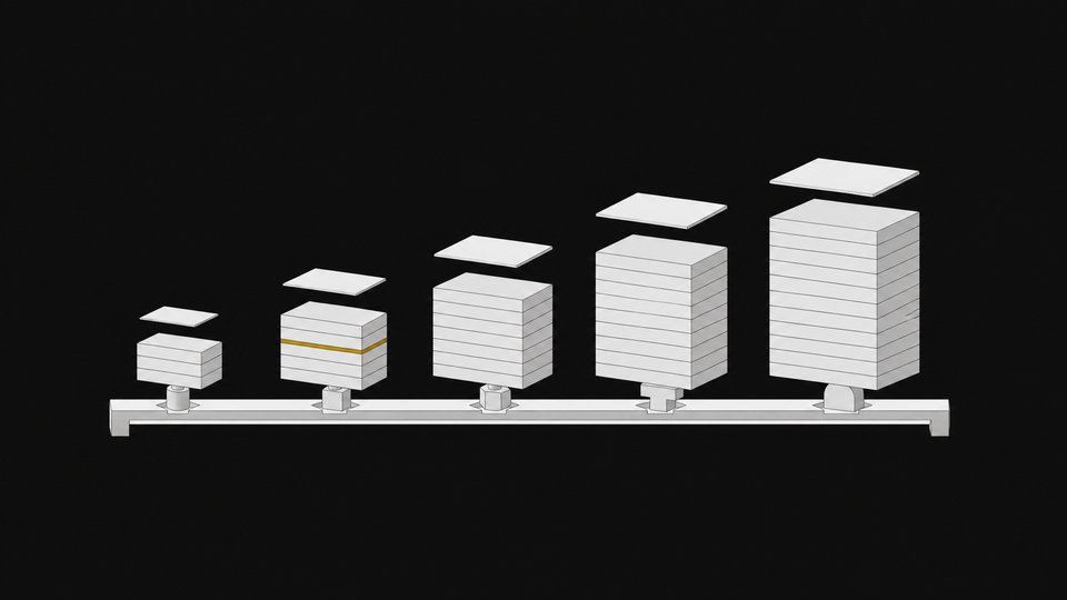 A row of differently sized modular AI-model blocks mounted on a shared rail, each matched to a small workload tile above it, illustrating choosing the right-sized open source model for a given task.