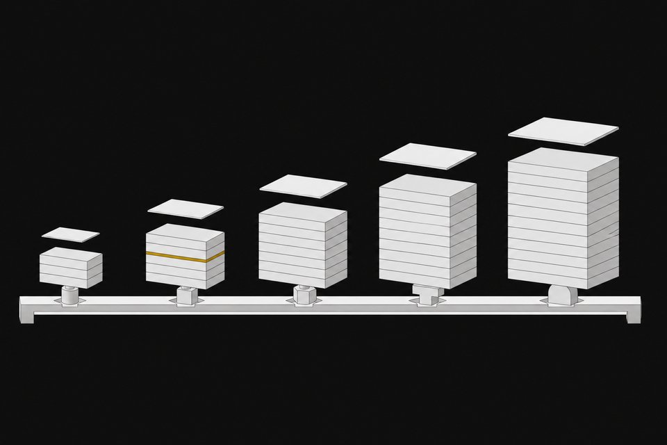 A row of differently sized modular AI-model blocks mounted on a shared rail, each matched to a small workload tile above it, illustrating choosing the right-sized open source model for a given task.