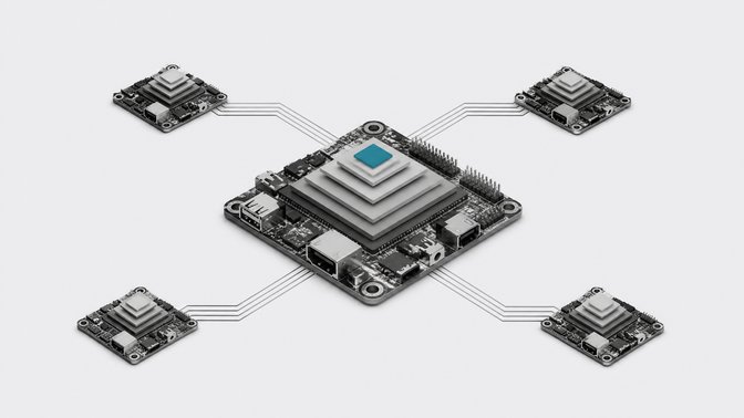 A small central computer board running a compressed, quantized AI model connects to a ring of similar low-power boards forming a peer-to-peer cluster.