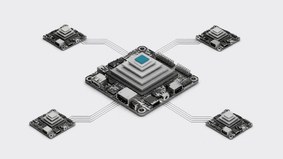A small central computer board running a compressed, quantized AI model connects to a ring of similar low-power boards forming a peer-to-peer cluster.