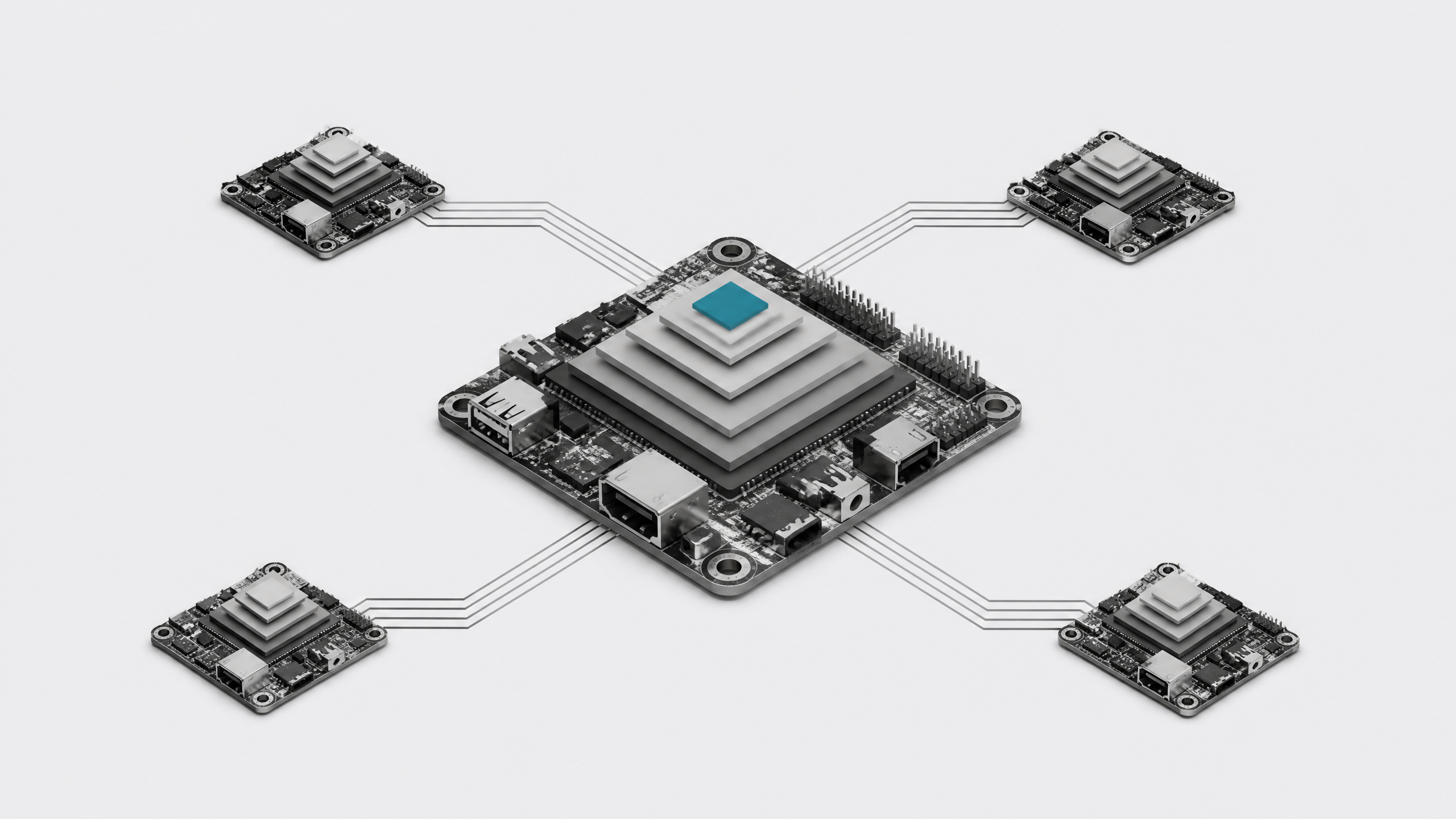 A small central computer board running a compressed, quantized AI model connects to a ring of similar low-power boards forming a peer-to-peer cluster.