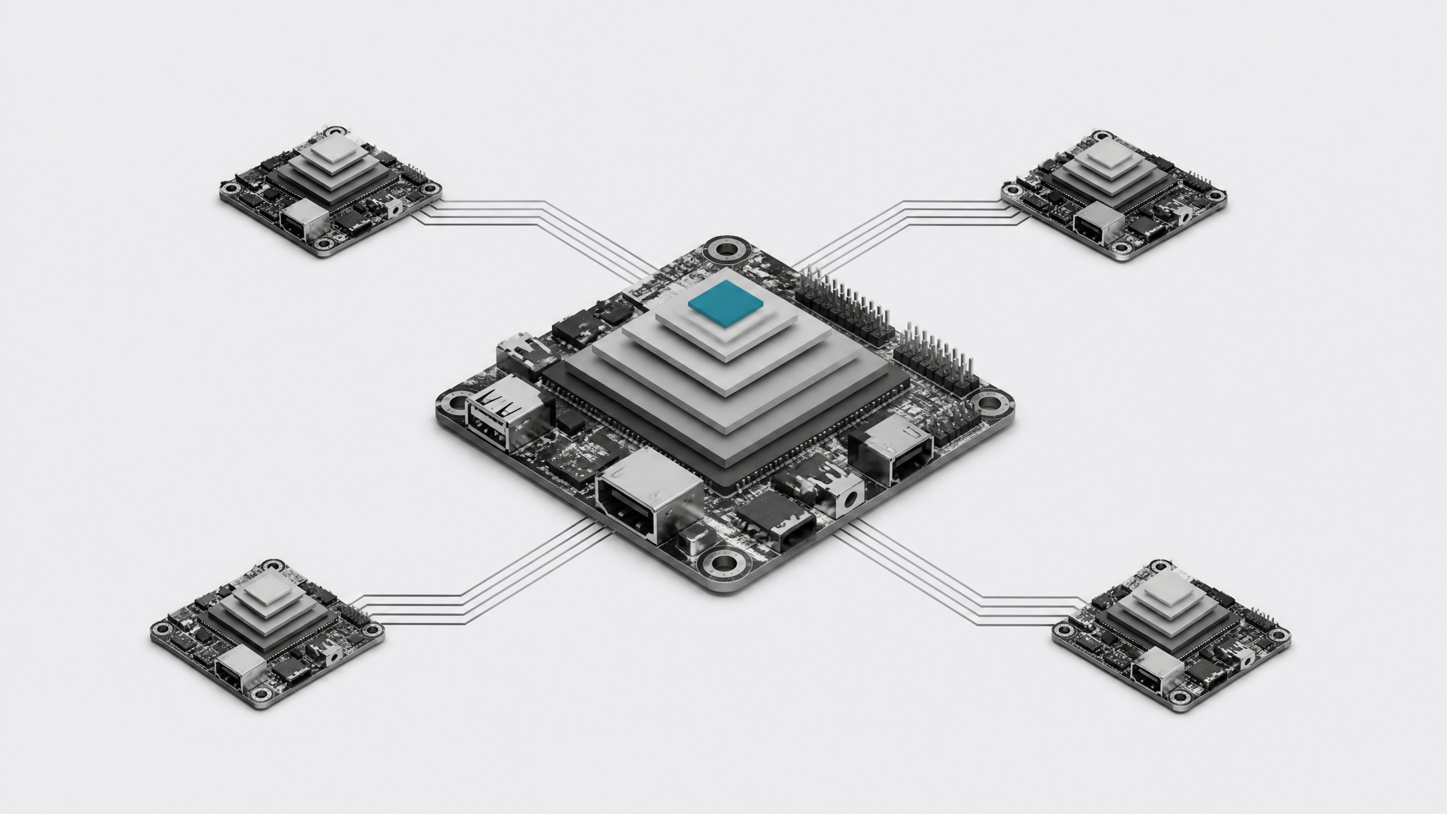 A small central computer board running a compressed, quantized AI model connects to a ring of similar low-power boards forming a peer-to-peer cluster.