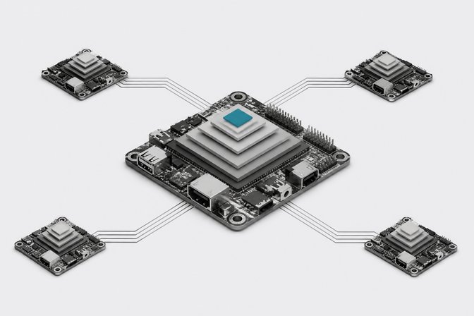 A small central computer board running a compressed, quantized AI model connects to a ring of similar low-power boards forming a peer-to-peer cluster.