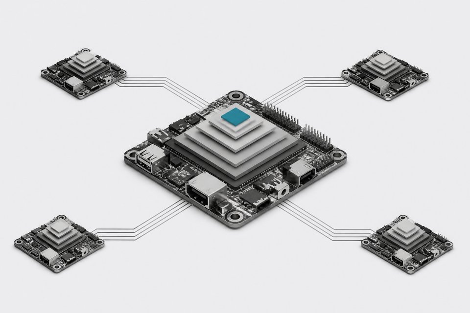 A small central computer board running a compressed, quantized AI model connects to a ring of similar low-power boards forming a peer-to-peer cluster.