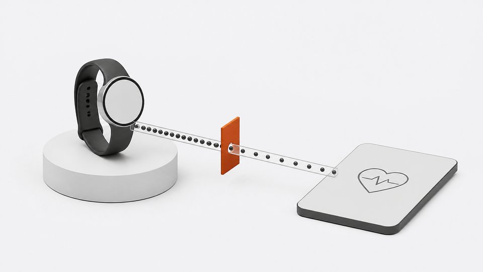 A wearable fitness band's data stream flows through a narrow pipeline toward a phone icon, passing through a restrictive gate that only lets a single-file trickle of data through, illustrating a health-sync feature now limited by a paywall gate.
