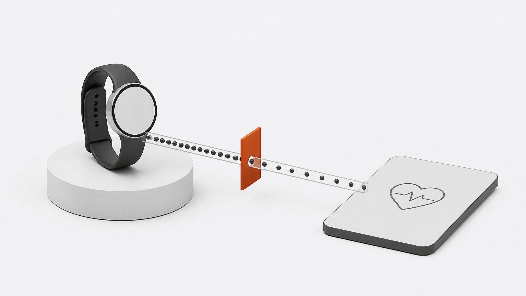A wearable fitness band's data stream flows through a narrow pipeline toward a phone icon, passing through a restrictive gate that only lets a single-file trickle of data through, illustrating a health-sync feature now limited by a paywall gate.