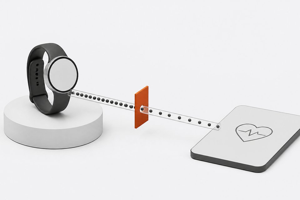 A wearable fitness band's data stream flows through a narrow pipeline toward a phone icon, passing through a restrictive gate that only lets a single-file trickle of data through, illustrating a health-sync feature now limited by a paywall gate.