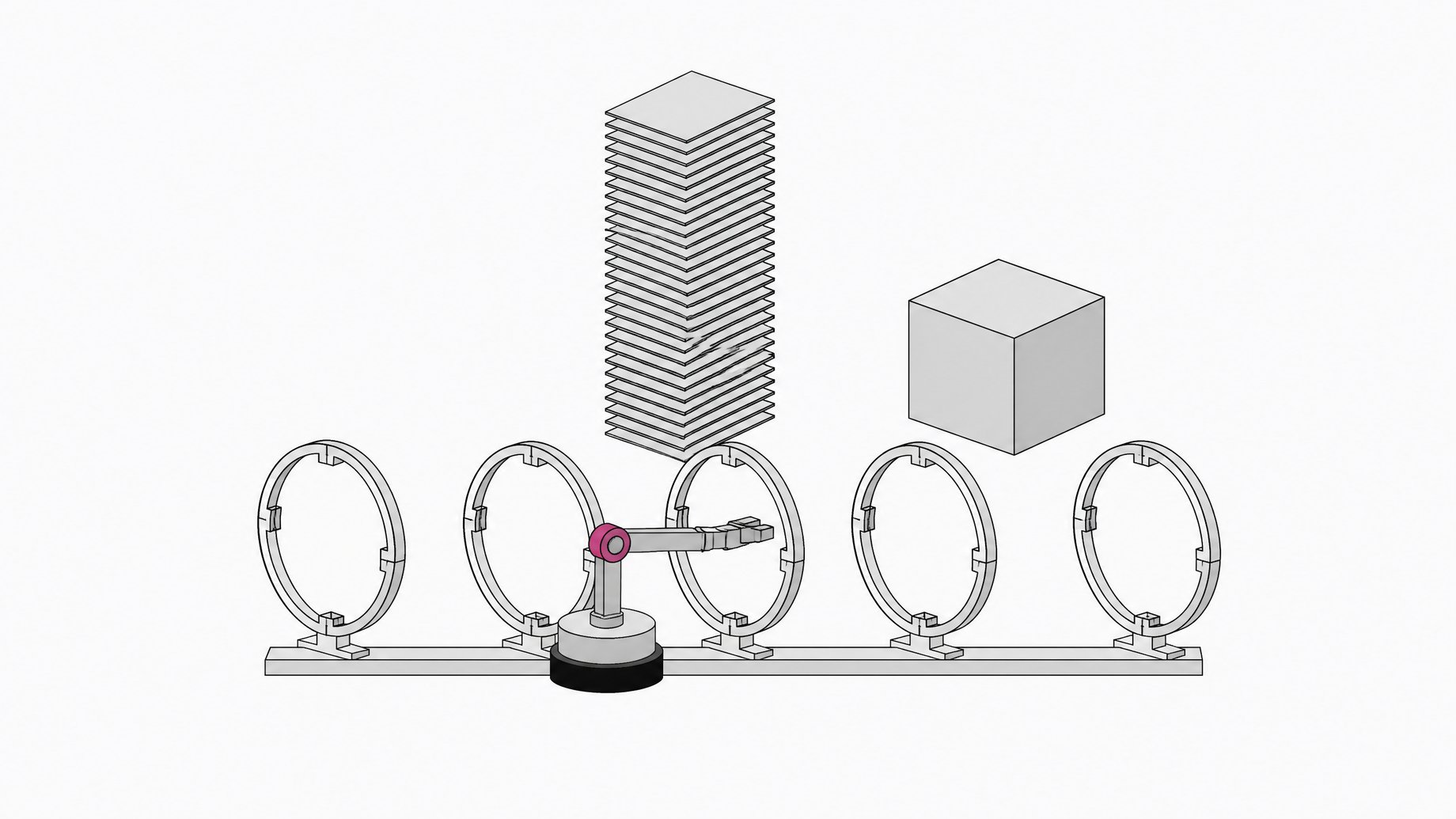 An articulated mechanical armature passes through a line of transparent checkpoint rings toward an open stack of visible log plates, contrasted with a single sealed opaque block representing traditional access review.