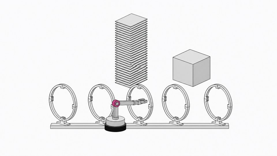 An articulated mechanical armature passes through a line of transparent checkpoint rings toward an open stack of visible log plates, contrasted with a single sealed opaque block representing traditional access review.