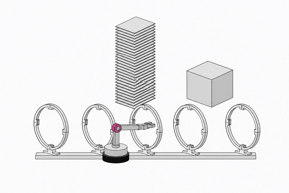 An articulated mechanical armature passes through a line of transparent checkpoint rings toward an open stack of visible log plates, contrasted with a single sealed opaque block representing traditional access review.