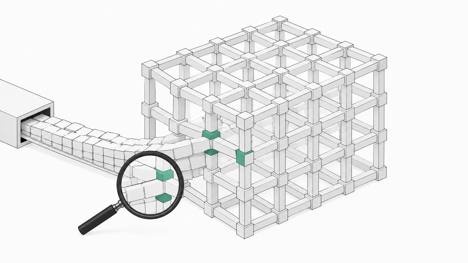 An open modular lattice structure being fed a stream of subtly misaligned blocks that introduce visible gaps and joint misalignments into the otherwise uniform grid.