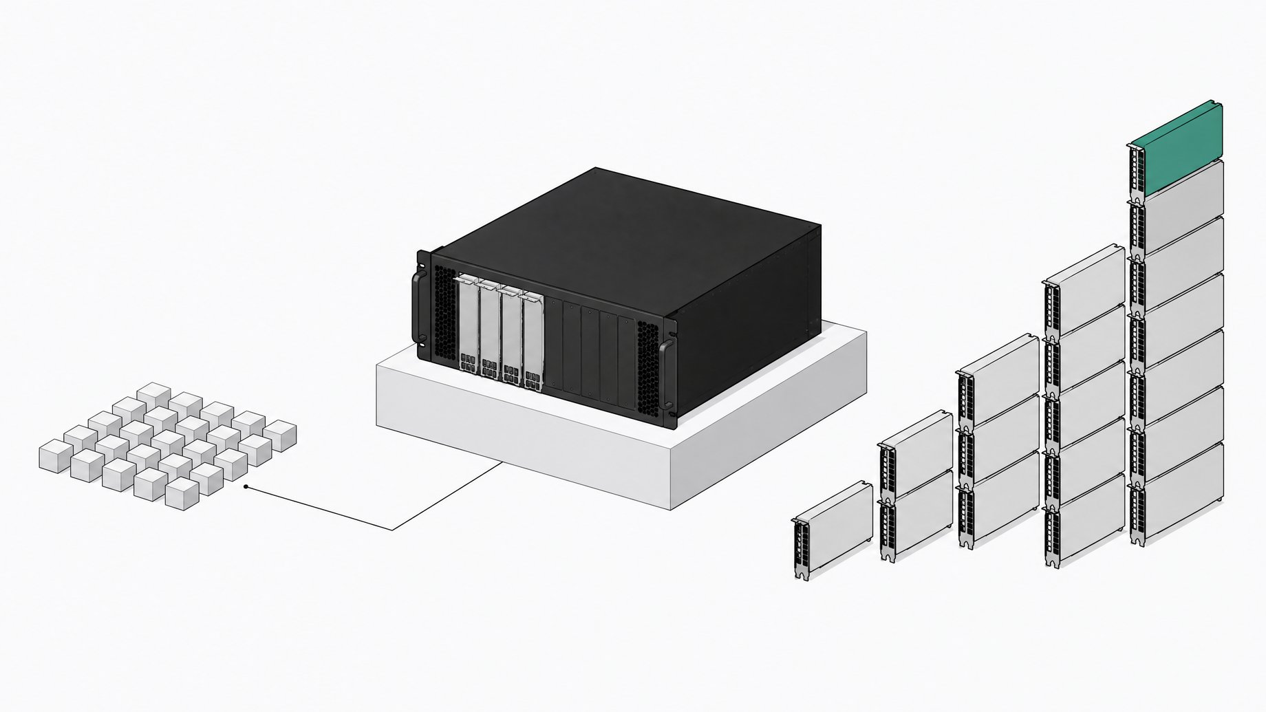 A rack-mount server with GPU card slots beside a stepped stack of matching cards, illustrating the hardware scaling behind running a local LLM in-house.